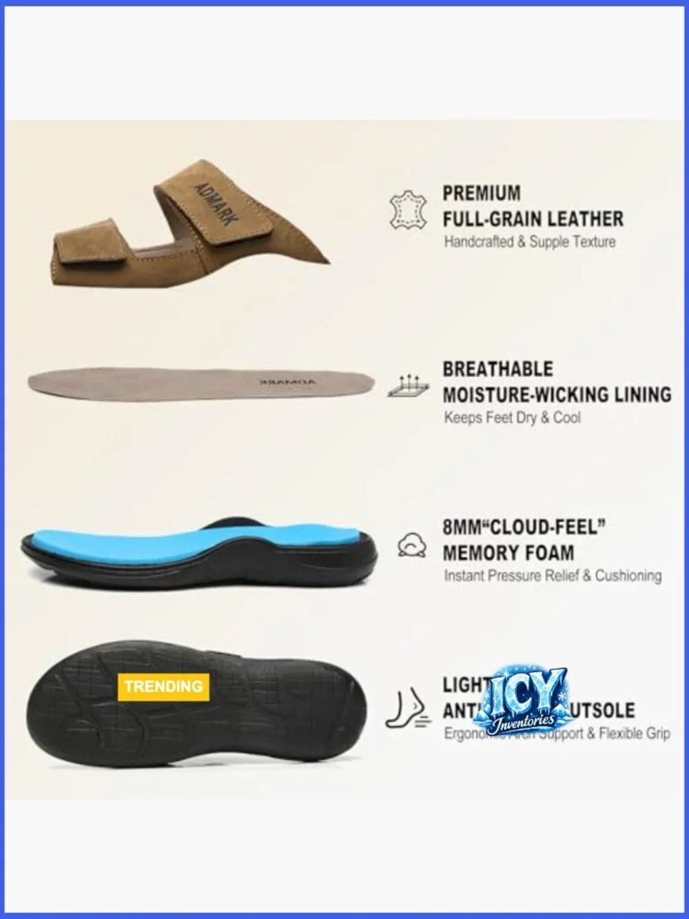 Men's Full-Grain Leather Slide Sandals with Arch Support & Memory Foam